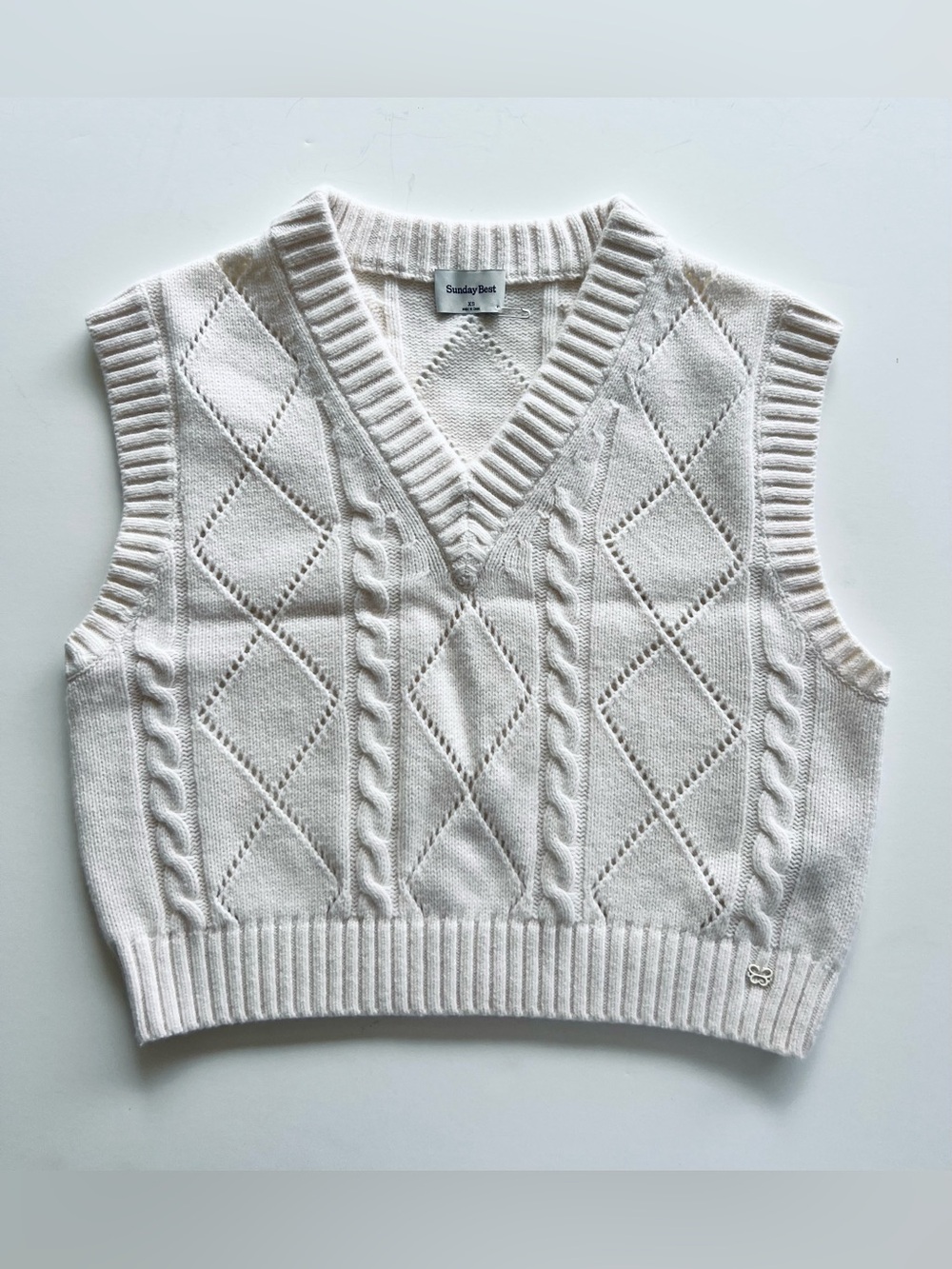 Sunday Best Ivory Cable-Pointelle V-Neck Sweater Vest